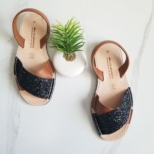 LOLA DE MENORCA Avarca Sandal Black Glitter Brown Leather Slingback Flats NEW!